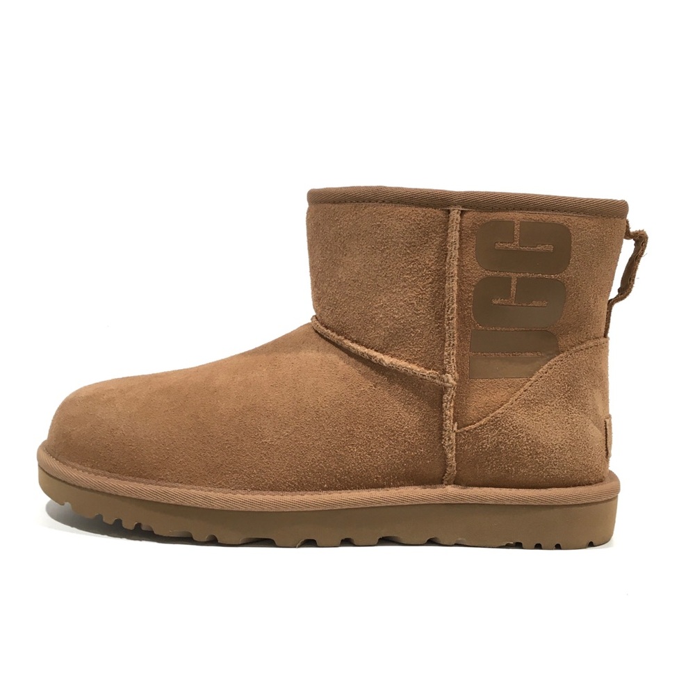 UGG CLASSIC MINI UGG RUBBER LOGO BOOTS -CHESTNUT SUEDE /UGGPure -WOMEN’S US 10